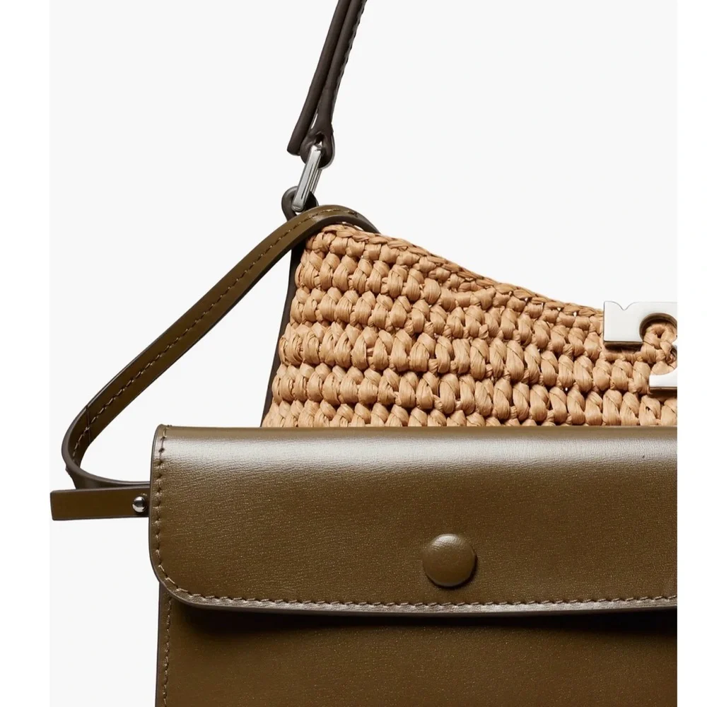 Tory Burch Tan Raffia Shoulder Bag with Dark Brown Strap and Silver Logo - Picture 6 of 6
